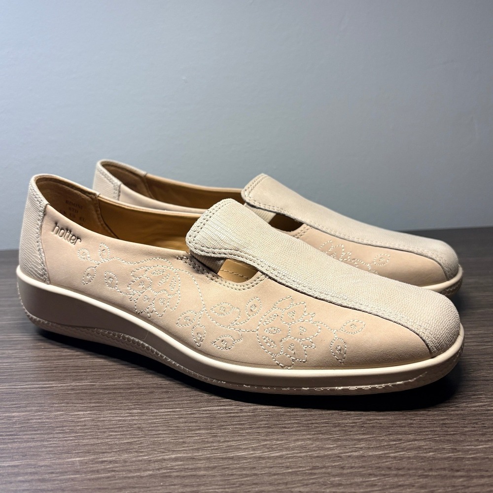 Hotter Rimini Comfort Concept Beige Floral Embroidered Slip On Loafers Womens 10